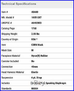 MSA MILLENNIUM 10051287 CBRN Gas Mask Respirator Size Medium 40mm No Canister