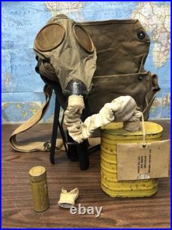 WWI M1918 US & UK SBR Gas Mask & Carry Bag Small Box Yellow Can Respirator RARE